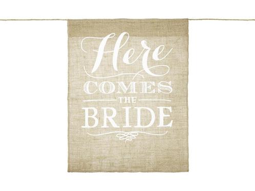 Banner Here Comes The Bride 51cm, Hobby en Vrije tijd, Feestartikelen, Nieuw, Verzenden