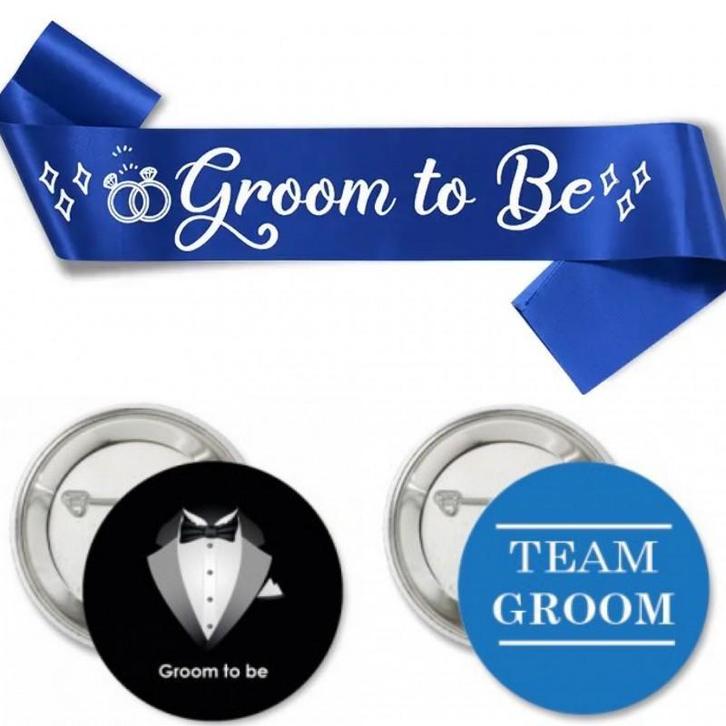 Groom to Be set met sjerp en buttons blauw zwart 14-delig, Hobby en Vrije tijd, Feestartikelen, Geboorte of Huwelijk, Nieuw, Versiering