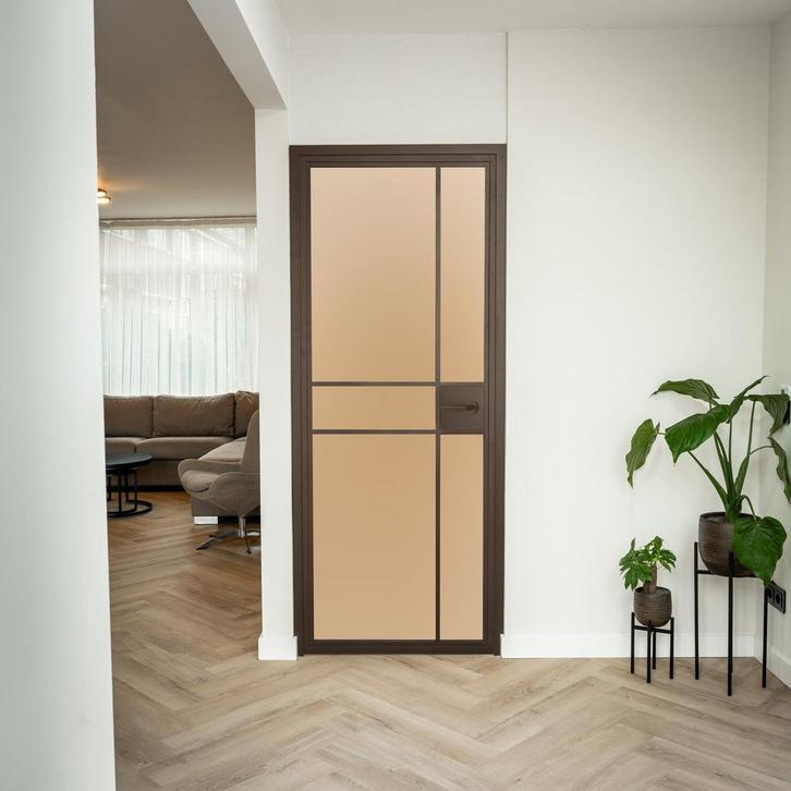 Stalen Binnendeur - 6 Vlaks - Brons - Mat glas - Met slot, Doe-het-zelf en Verbouw, Deuren en Horren, Nieuw, Metaal, Binnendeur