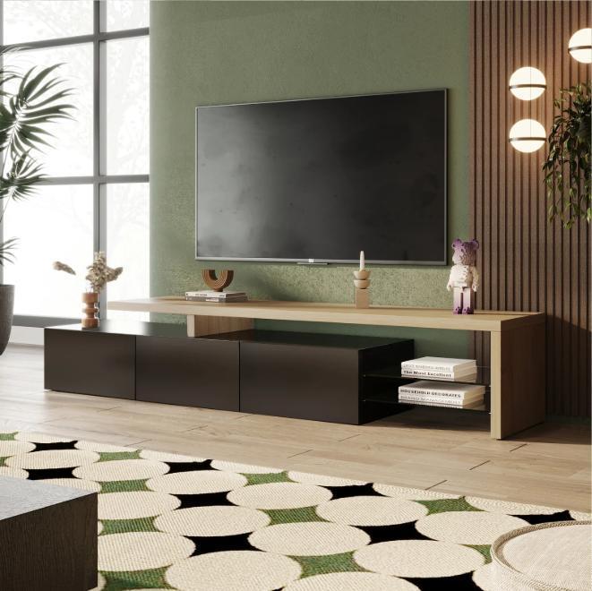 Modern TV-meubel 197 cm – LED Verlichting, Houtlook en Glas, Huis en Inrichting, Kasten | Televisiemeubels, Nieuw, Verzenden