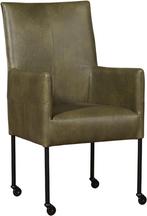 Olijfgroene leren moderne eetkamerstoel - poot rond zwart me, Huis en Inrichting, Stoelen, Overige kleuren, Nieuw, Leer, Ophalen of Verzenden
