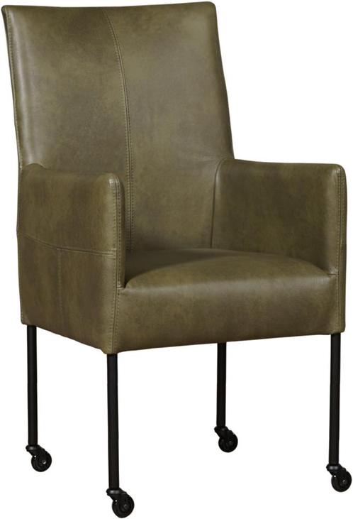 Olijfgroene leren moderne eetkamerstoel - poot rond zwart me, Huis en Inrichting, Stoelen, Eén, Overige kleuren, Nieuw, Leer, Ophalen of Verzenden