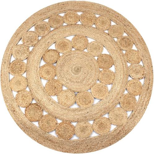 vidaXL Tapijt met ontwerp rond 150 cm gevlochten jute, Huis en Inrichting, Stoffering | Tapijten en Kleden, Beige, Nieuw, Verzenden