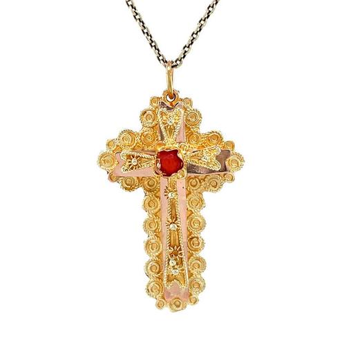 Gouden vintage kruis hanger met bloedkoraal 14 krt, Sieraden, Tassen en Uiterlijk, Kettinghangers, Nieuw, Ophalen of Verzenden