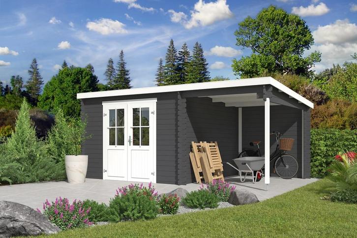 Outdoor Life Blokhut Tampa met Overkapping Carbon Grey-Wit, Tuin en Terras, Tuinhuizen