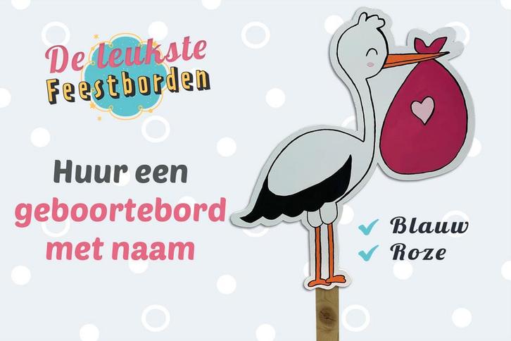Geboortebord Ooievaar roze zak goedkoop huren voor meisje, Kinderen en Baby's, Kraamcadeaus en Geboorteborden, Geboortebord, Zo goed als nieuw