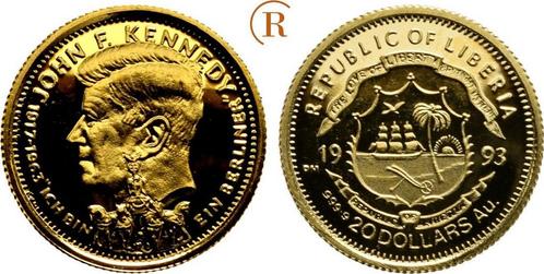 20 Dollar 1,24 Gramm Feingoud John F Kennedy 1993 Liberia..., Postzegels en Munten, Munten en Bankbiljetten | Toebehoren, Verzenden