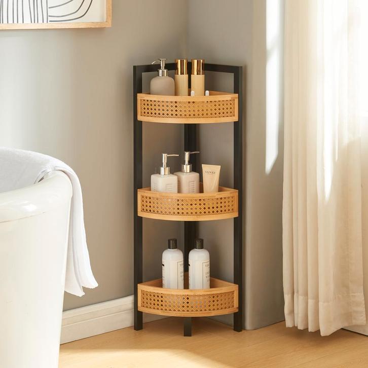 Hoekkast Tervola met 3 planken 80x23x31,5 cm zwart naturel e, Huis en Inrichting, Badkamer | Badkamermeubels, Verzenden