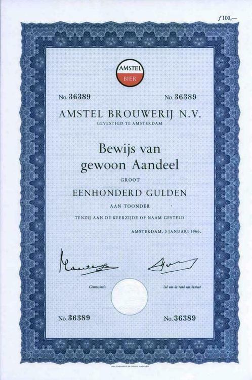 Aandeel Amstel Bier met mooi Amstel logo, Postzegels en Munten, Aandelen en Waardepapieren, Aandeel, 1950 tot 1970, Ophalen of Verzenden