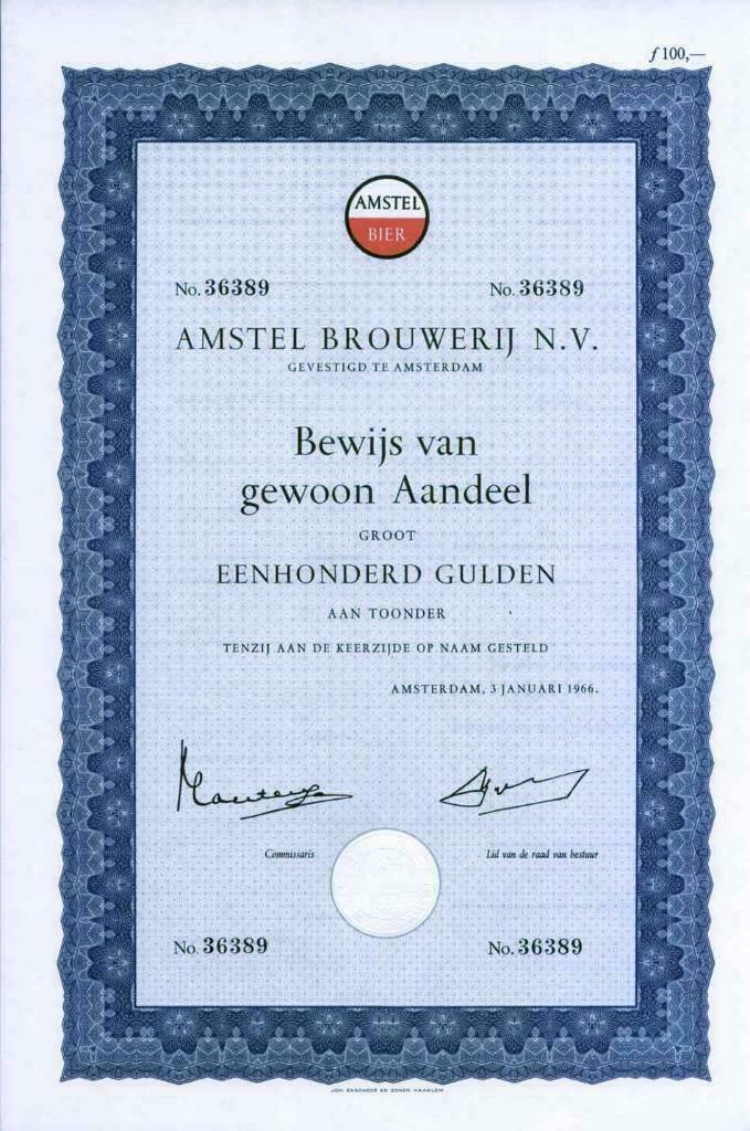 Aandeel Amstel Bier met mooi Amstel logo, Postzegels en Munten, Aandelen en Waardepapieren, Aandeel, 1950 tot 1970, Ophalen of Verzenden