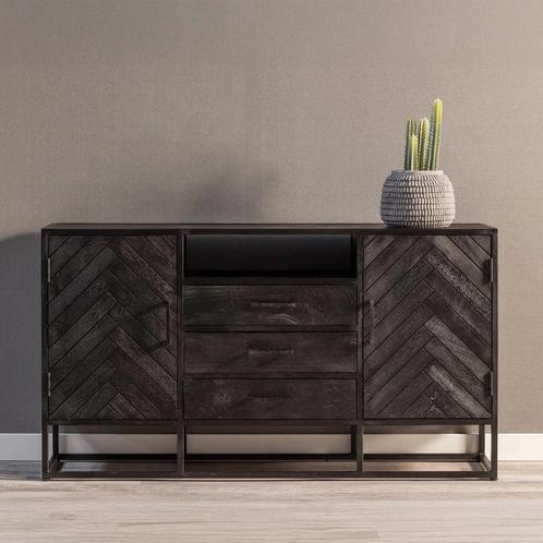 Dressoir Mangohout Kjeld 145 Zwart, Huis en Inrichting, Kasten | Dressoirs, 100 tot 150 cm, 25 tot 50 cm, Nieuw, Overige houtsoorten