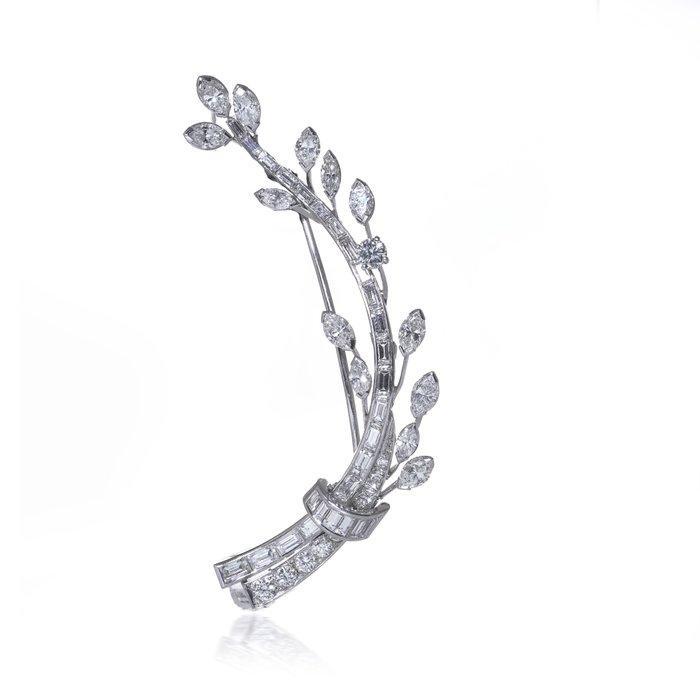 Broche Platina diamantbladbroche met marquise-, baguette- en, Sieraden, Tassen en Uiterlijk, Antieke sieraden