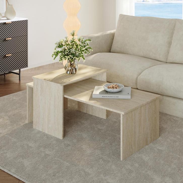 Salontafel Sotapim set van 2 travertijn [en.casa], Huis en Inrichting, Tafels | Salontafels, Verzenden