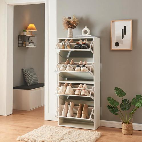 Schoenenkast Lund met 4 kleppen spiegeldeuren wit 134x60x24, Huis en Inrichting, Kasten | Schoenenkasten, Nieuw, Verzenden