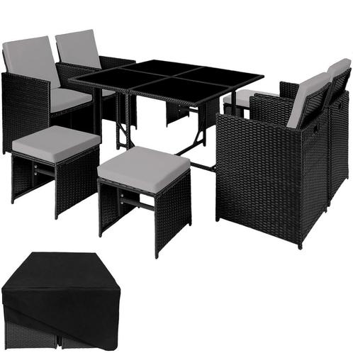 Wicker zitgroep Bilbao 4+4+1 met beschermhoes - zwart / grij, Tuin en Terras, Tuinsets en Loungesets, Verzenden