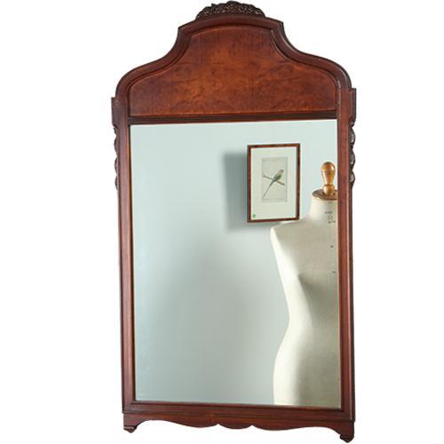 Strakke halspiegel ca 1920 met bloemmahonie kroonstuk gewelf, Antiek en Kunst, Antiek | Spiegels, Ophalen of Verzenden