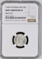 Koningin Wilhelmina 25 cent 1945 Munt error MS62 NGC Ex, Postzegels en Munten, Munten | Nederland, Verzenden, Zilver, 25 cent