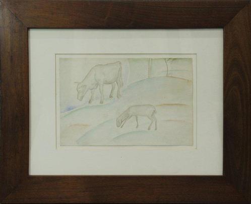 Ubaldo Oppi (1889-1942) - Paesaggio con mucca e pecora, Antiek en Kunst, Kunst | Schilderijen | Klassiek