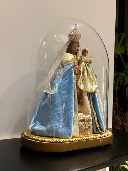 Beeld - Madonna met kind onder stolp - 40 cm - Glas, Hout,, Antiek en Kunst, Antiek | Boeken en Bijbels