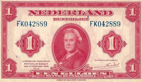 Bankbiljet 1 gulden 1943 Wilhelmina I Prachtig, Postzegels en Munten, Bankbiljetten | Nederland, Verzenden