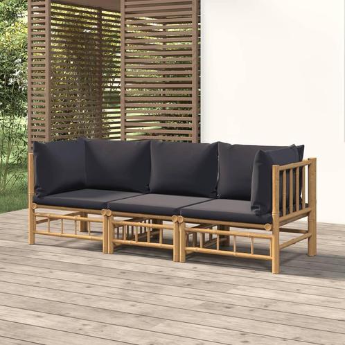 vidaXL 3-delige Loungeset met kussens bamboe donkergrijs, Tuin en Terras, Tuinsets en Loungesets, Loungeset, Nieuw, Hout, Verzenden