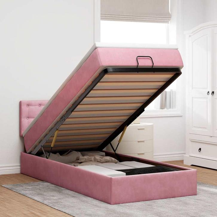 vidaXL Bed poef met matras en LEDs 80x200 cm fluweel roze, Huis en Inrichting, Slaapkamer | Bedden, 80 cm, 200 cm, Eenpersoons