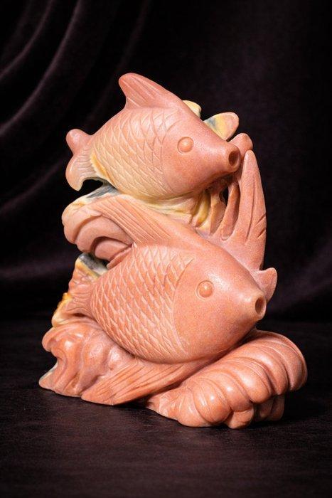 Handgesneden goudsteen koi-karper paar sculptuur - met de, Verzamelen, Mineralen en Fossielen