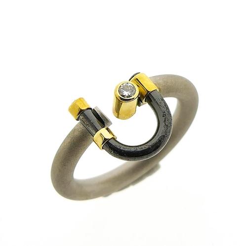 Tricolor ring met diamant | 0,06 ct. (Titanium, keramiek), Sieraden, Tassen en Uiterlijk, Ringen, Dame, Met edelsteen, Overige kleuren