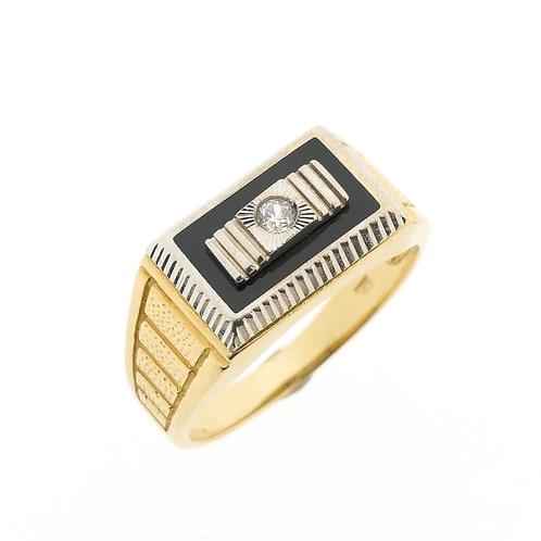 Bicolor gouden ring met onyx en zirconia | Heren, Sieraden, Tassen en Uiterlijk, Antieke sieraden, Met edelsteen, Goud, Ophalen of Verzenden