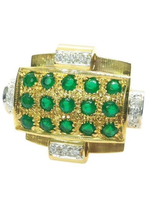 Zonder Minimumprijs - Ring - 9 kt. Geel goud, Zilver Smaragd, Sieraden, Tassen en Uiterlijk, Ringen