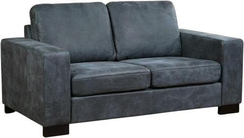 Blauwe leren moderne 2-zitsbank - poot hout bruin - Kenia Le, Huis en Inrichting, Banken | Bankstellen, 150 tot 200 cm, 75 tot 100 cm