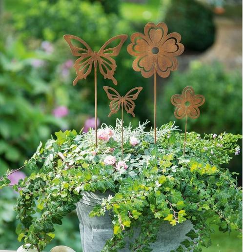 Tuinstekerset bloemen & vlinders (4 stuks), Tuin en Terras, Tuinwanddecoratie, Verzenden