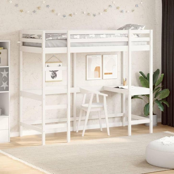 vidaXL Hoogslaper met bureau massief grenenhout wit 80x200, Huis en Inrichting, Slaapkamer | Bedden, 80 cm, 200 cm, Wit, Eenpersoons