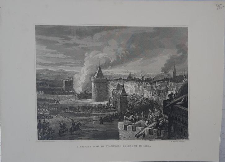 Zierikzee door de Vlamingen belegerd in 1304 (1843), Antiek en Kunst, Kunst | Etsen en Gravures, Ophalen of Verzenden