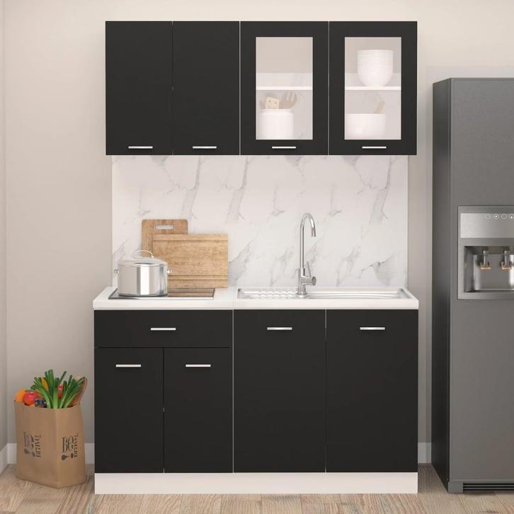 vidaXL 4-delige Keukenkastenset Lyon bewerkt hout zwart, Huis en Inrichting, Keuken | Keukenelementen, Zwart, Nieuw, Verzenden