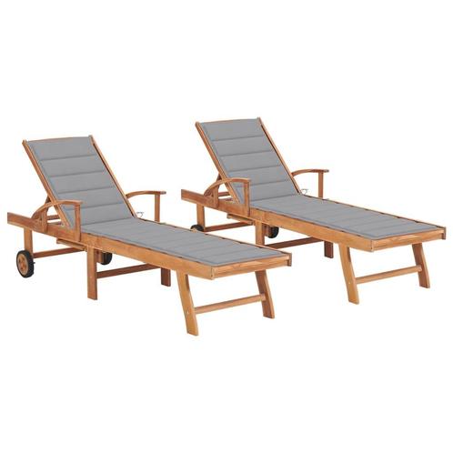 vidaXL Ligbedden 2 st met grijze kussens massief teakhout, Tuin en Terras, Ligbedden, Nieuw, Verzenden
