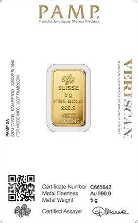 5 gram - Goud .999 - PAMP, Switzerland - Verzegeld, Postzegels en Munten, Edelmetalen en Baren