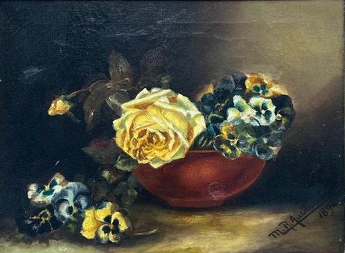 Montreal B Auerbach (XIX) - Yellow Roses With Pansies, Antiek en Kunst, Kunst | Schilderijen | Klassiek