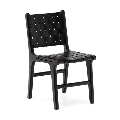 *WOONWINKEL* Kave Home Calixta Zwarte Stoel Hout Met Leer, Huis en Inrichting, Stoelen, Zwart, Nieuw, Leer, Verzenden