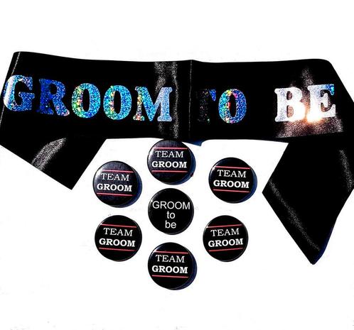 Set met 1 sjerp en 1 button Groom to Be zwart en 6 buttons, Hobby en Vrije tijd, Feestartikelen, Geboorte of Huwelijk, Nieuw, Feestartikel