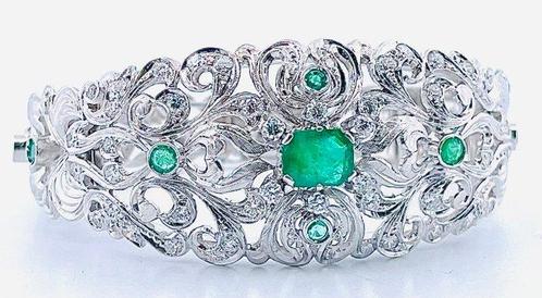 Armband - 18 karaat Witgoud Smaragd - Diamant, Sieraden, Tassen en Uiterlijk, Armbanden