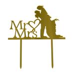 Taarttopper Bruiloft Mr & Mrs Acryl Goud 16x14cm, Verzenden, Nieuw