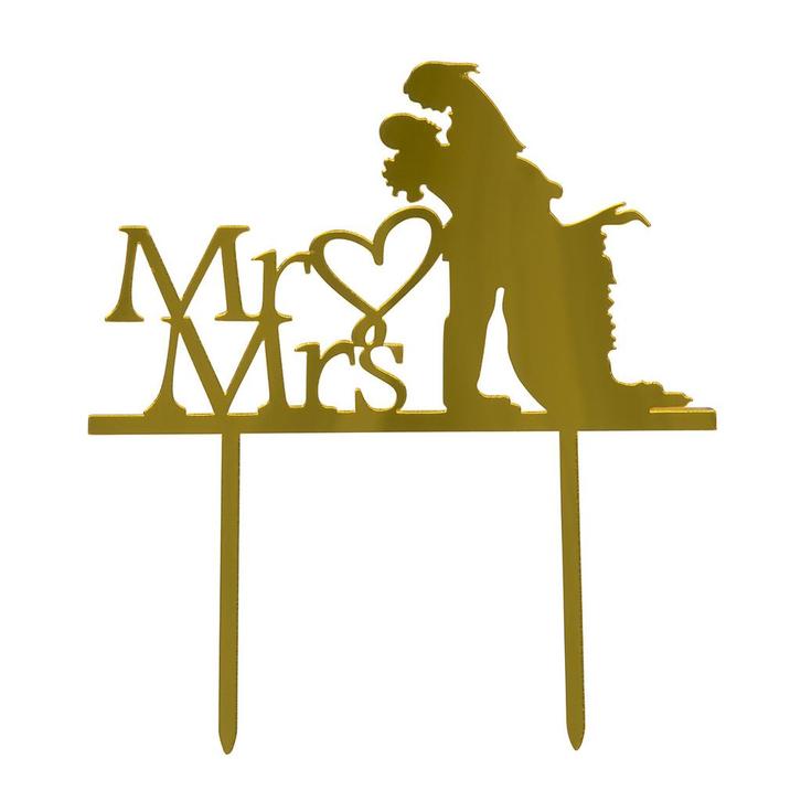 Taarttopper Bruiloft Mr & Mrs Acryl Goud 16x14cm, Hobby en Vrije tijd, Taarten en Cupcakes maken, Nieuw, Verzenden
