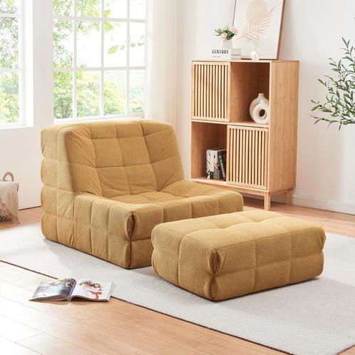 Fauteuil met voetenbank Koskyvn geel [en.casa], Huis en Inrichting, Fauteuils, Verzenden