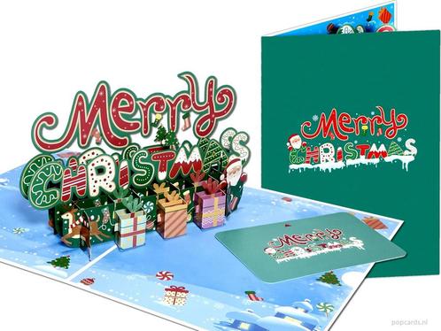 Vrolijke 3D Kerstkaart Merry Christmas met Cadeautjes, Diversen, Wenskaarten, Verzenden
