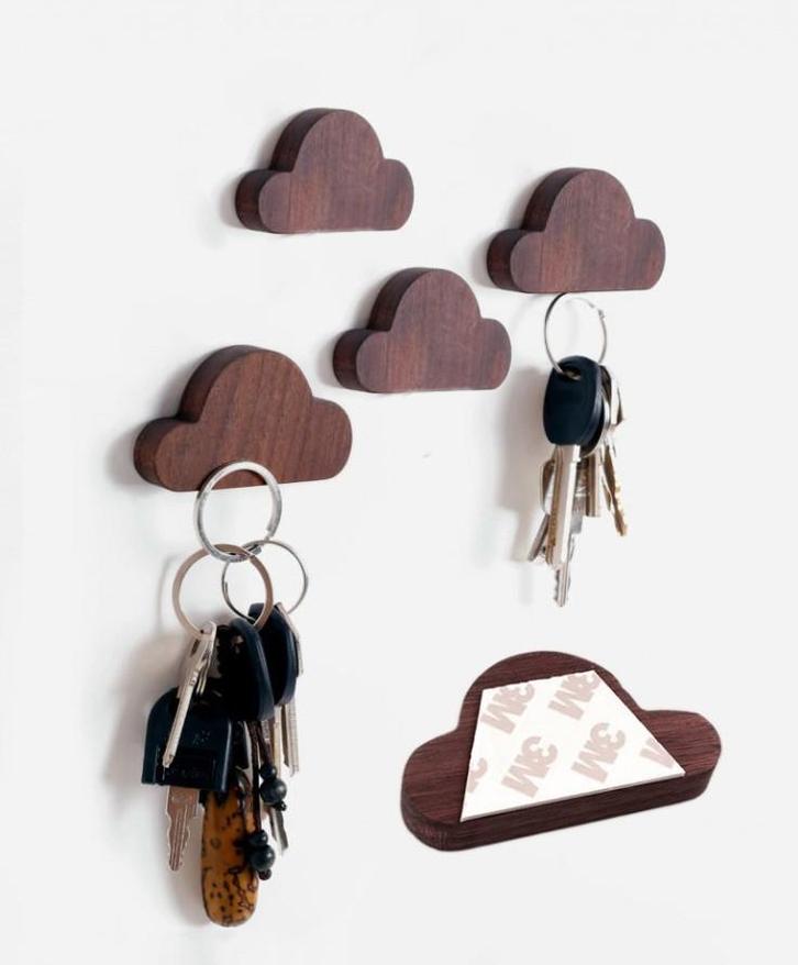 Set van 4 houten sleutelhouders (wolkje, magnetisch, notenh, Doe-het-zelf en Verbouw, Gereedschap | Handgereedschap, Nieuw, Ophalen of Verzenden
