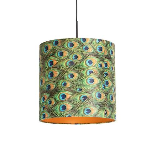 Hanglamp met velours kap pauw met goud 40 cm - Combi, Huis en Inrichting, Lampen | Hanglampen, Nieuw, Overige materialen, 75 cm of meer