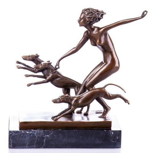 Figuur - Art Deco Bronzefigur Weiblicher Akt mit Hunden, Antiek en Kunst, Curiosa en Brocante