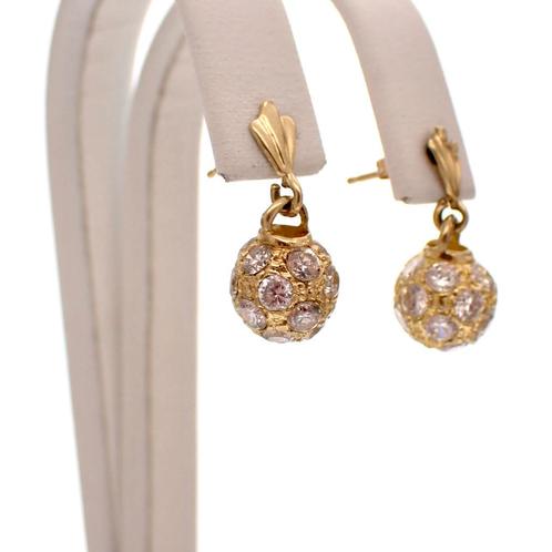 Geelgouden oorbellen met bolletjes hanger; zirconia, Sieraden, Tassen en Uiterlijk, Oorbellen, Overige kleuren, Gebruikt, Met edelsteen