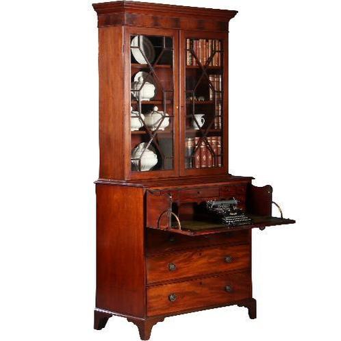 Buro-Bookcase schrijfklep met groen leer ingelegd mahonie c, Antiek en Kunst, Antiek | Meubels | Kasten, Ophalen of Verzenden